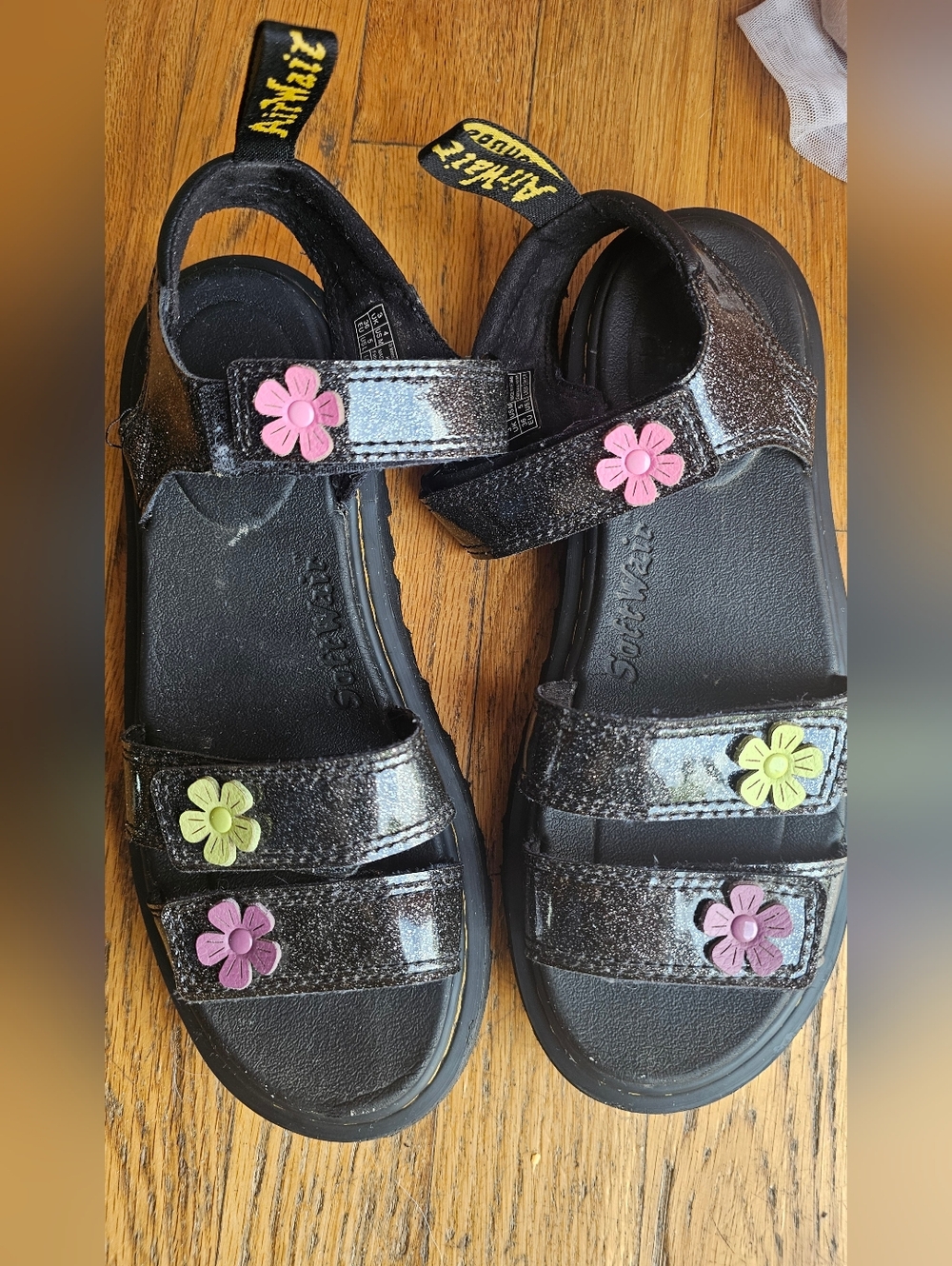 Kids  Dr. MARTENS- Black Glitter Sandals with Pink & Yellow Flower Accents
